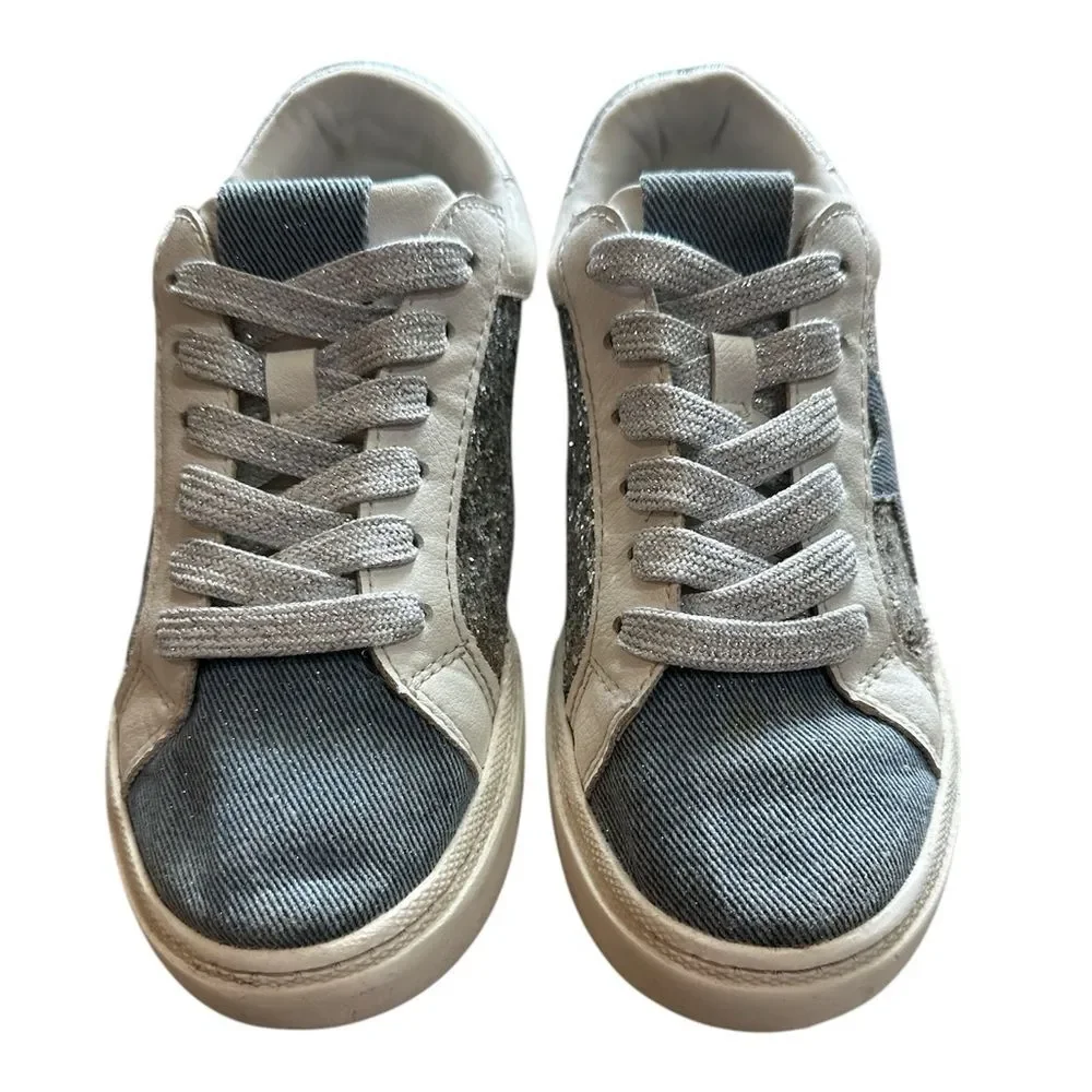 Art Class Girls Sz 2 Silver White Blue Glitter Star Lace Sneakers